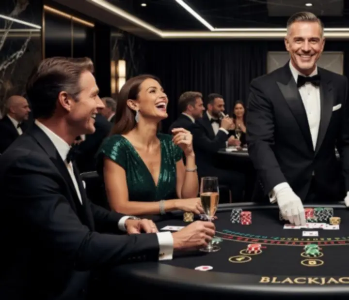 Rozgrywka Blackjack Supreme prowadzona przez charyzmatycznego krupiera podczas eleganckiego eventu