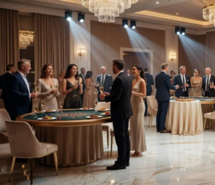 Elegancki wieczór eventowy w stylu casino z luksusową aranżacją stołów i oświetleniem
