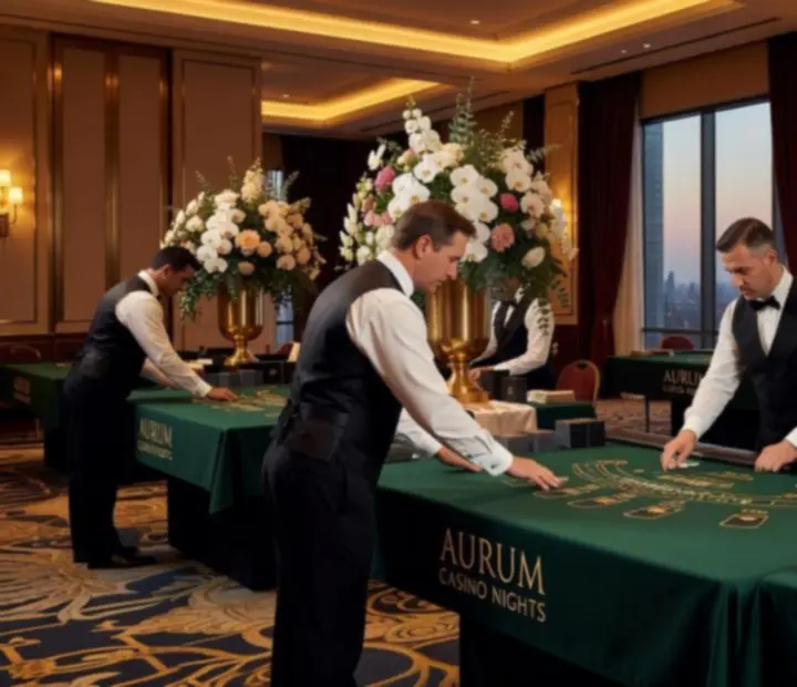 Backstage luksusowego eventu casino z przygotowaniem stołów i oświetlenia