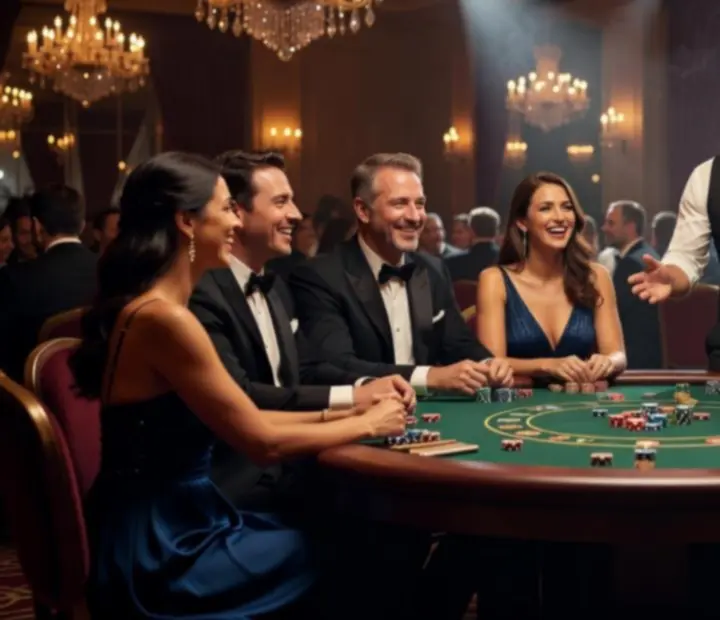 Stylowi goście przy stole pokerowym podczas luksusowego eventu kasynowego