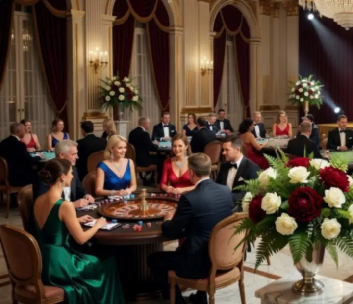 Bal charytatywny z eleganckimi stołami kasynowymi w luksusowej sali balowej