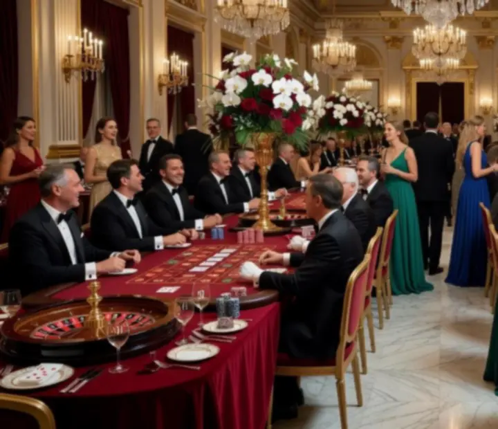 Luksusowy bankiet firmowy z rozstawionymi eleganckimi stołami kasynowymi