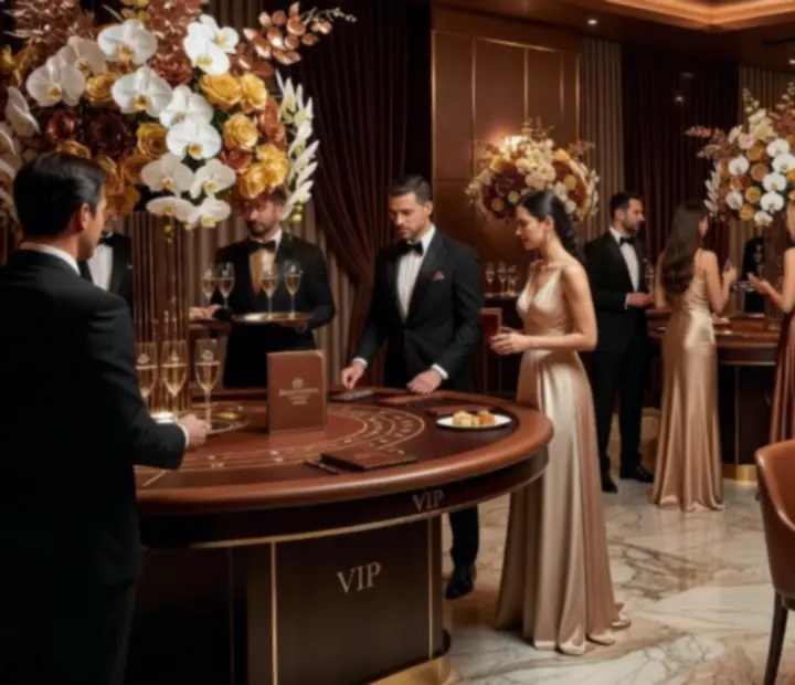 Ekskluzywne VIP party w stylistyce kasynowej z luksusowym oświetleniem i strefą stołów do gry